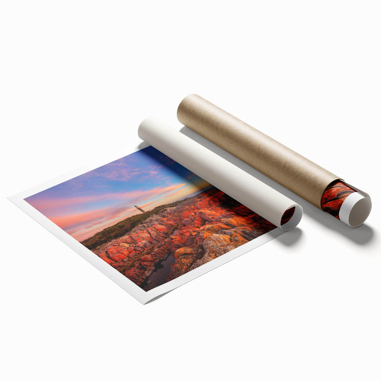 Extra large rolled print of Tasmania scenery with floral elements in soft color tones, suitable for classy bathroom wall art.