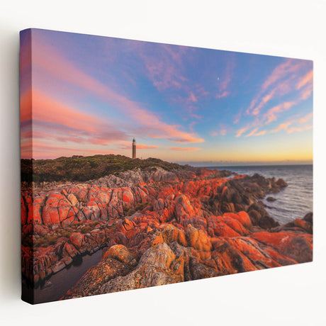 Panoramic view of Tasmania landscape on large stretched canvas, featuring earthy and green tones.