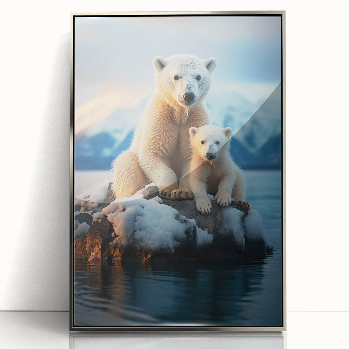 Mid-century modernist art depicting a serene Manitoba scenery in muted greens and blues on a framed acrylic print.