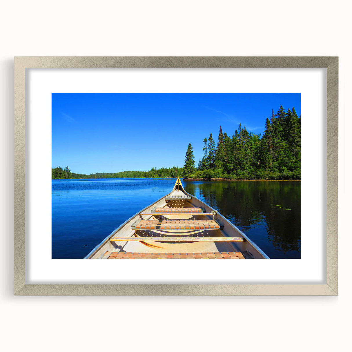 Textured abstract art print depicting a serene Quebec landscape in muted earth tones, framed in silver.