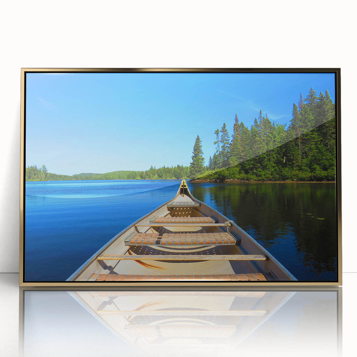 Framed acrylic print of Quebec scenery, featuring mid-century modernist style in muted gold tones.