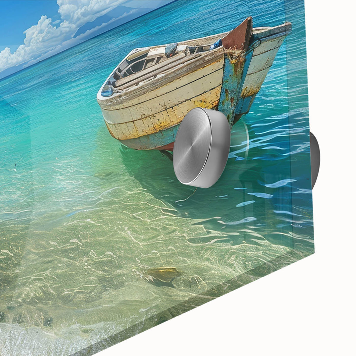 Large abstract wall art featuring Caribbean Aruba scenery in vibrant blues and greens on acrylic glass.