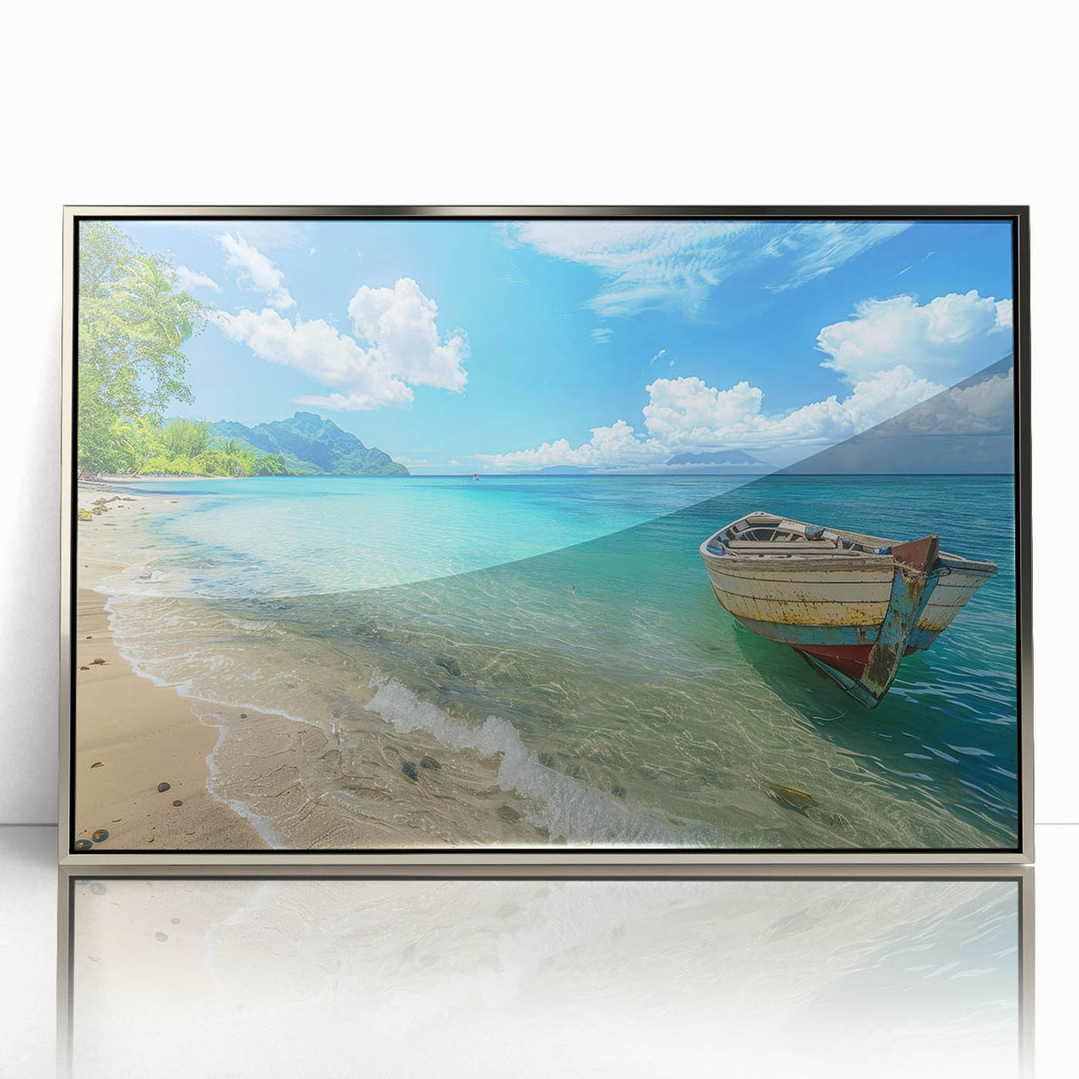 Large art print of a Caribbean Aruba scenery in pastel shades, framed in silver acrylic, suitable for modern art wall decor.