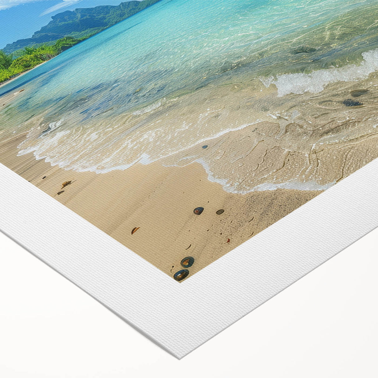 Art deco poster of a Caribbean Aruba scenery on rolled canvas, with vibrant blue and green hues.