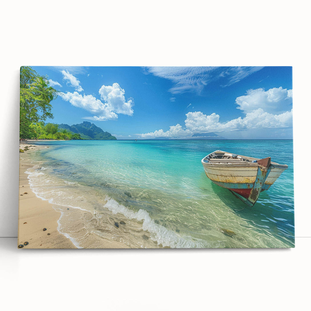 Black and white stretched canvas featuring a serene Caribbean beach scene, ideal for kitchen wall art or bedroom ambiance.