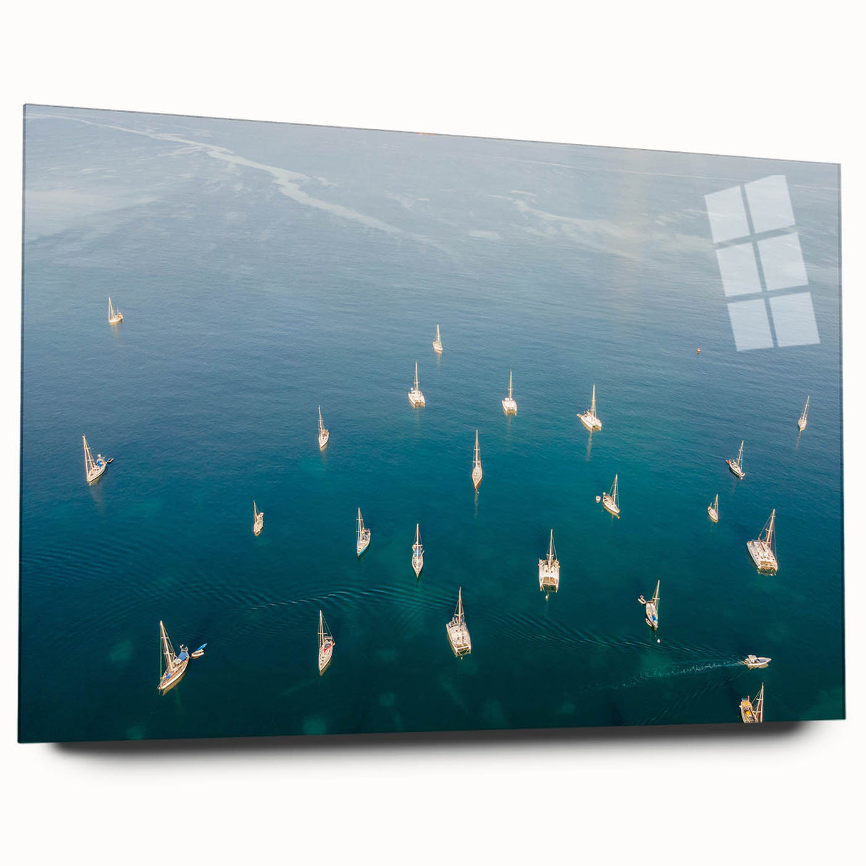 Large abstract wall art of Caribbean scenery on acrylic glass, featuring vibrant ocean blues and greens.