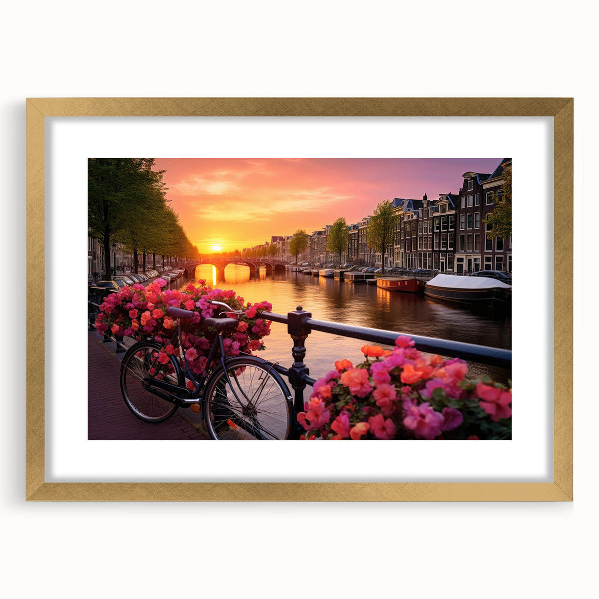 Abstract art print of Amsterdam scenery in muted gold and blue tones, framed with a mat, suitable for dining room décor.