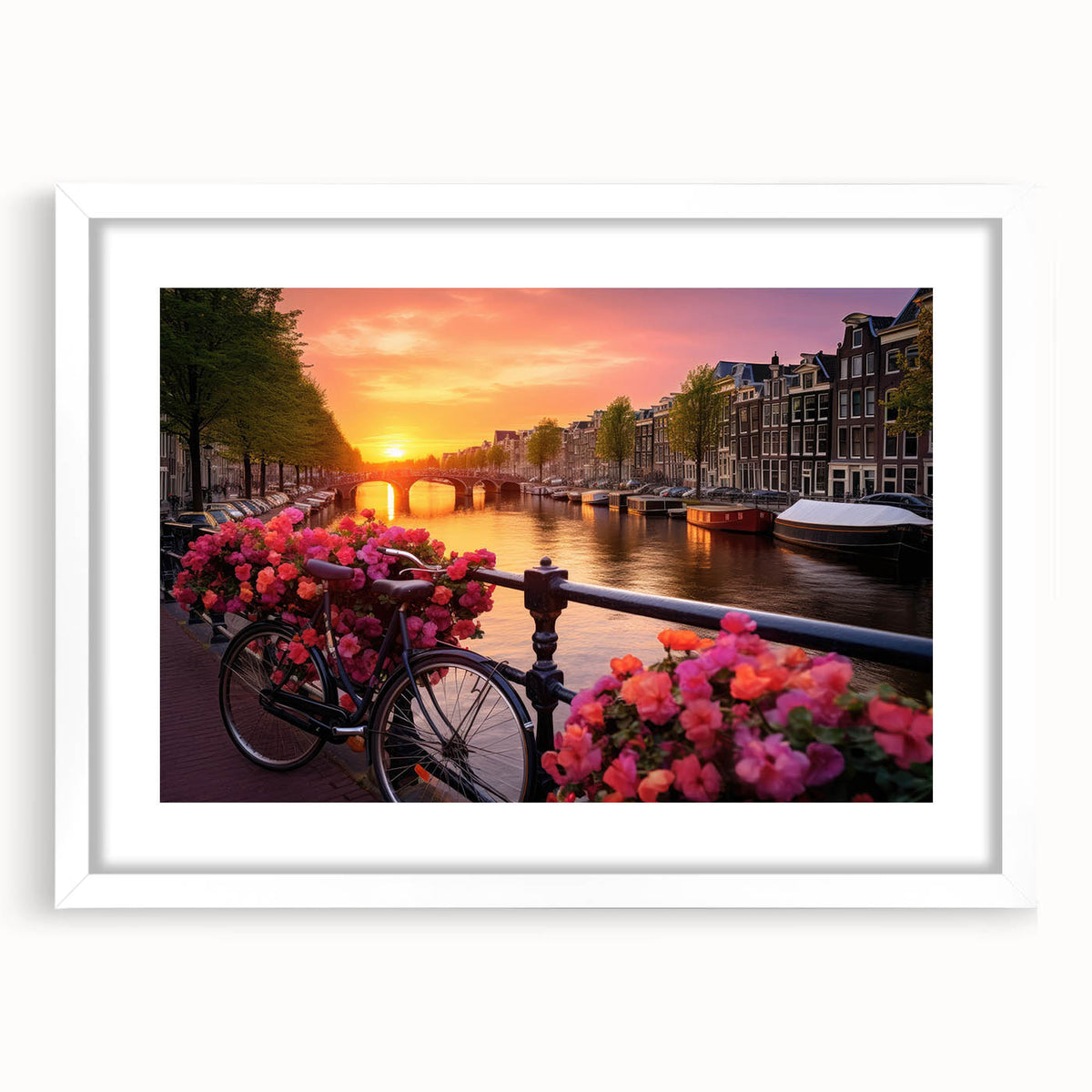 Textured art print of abstract Amsterdam scenery in muted earth tones on a white framed mat, suitable for bedroom art.