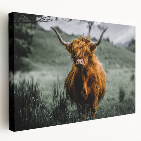 Landscape painting of a serene Scottish highland on stretched canvas, featuring muted green and blue tones.