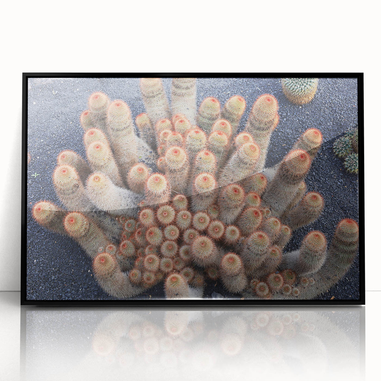 Large abstract wall art depicting a stylized Canary Islands scene, in muted earth tones on a black framed acrylic.