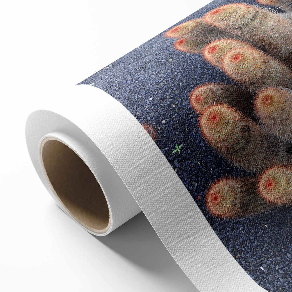 Art deco poster of a Canary Islands landscape, featuring muted blue and green tones on rolled canvas.