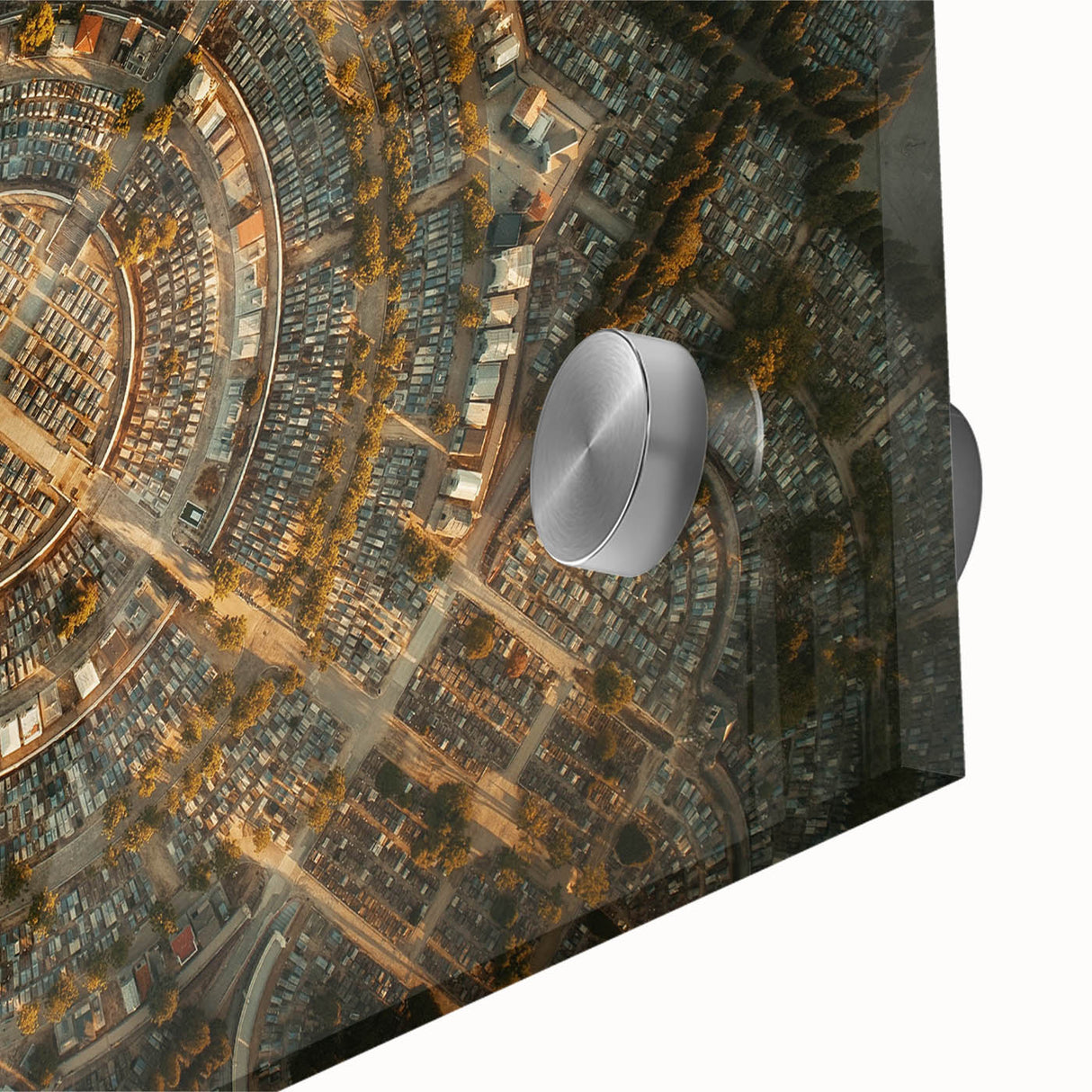 Large abstract depiction of Madrid skyline in muted earth tones on acrylic glass, suited for dining room art.