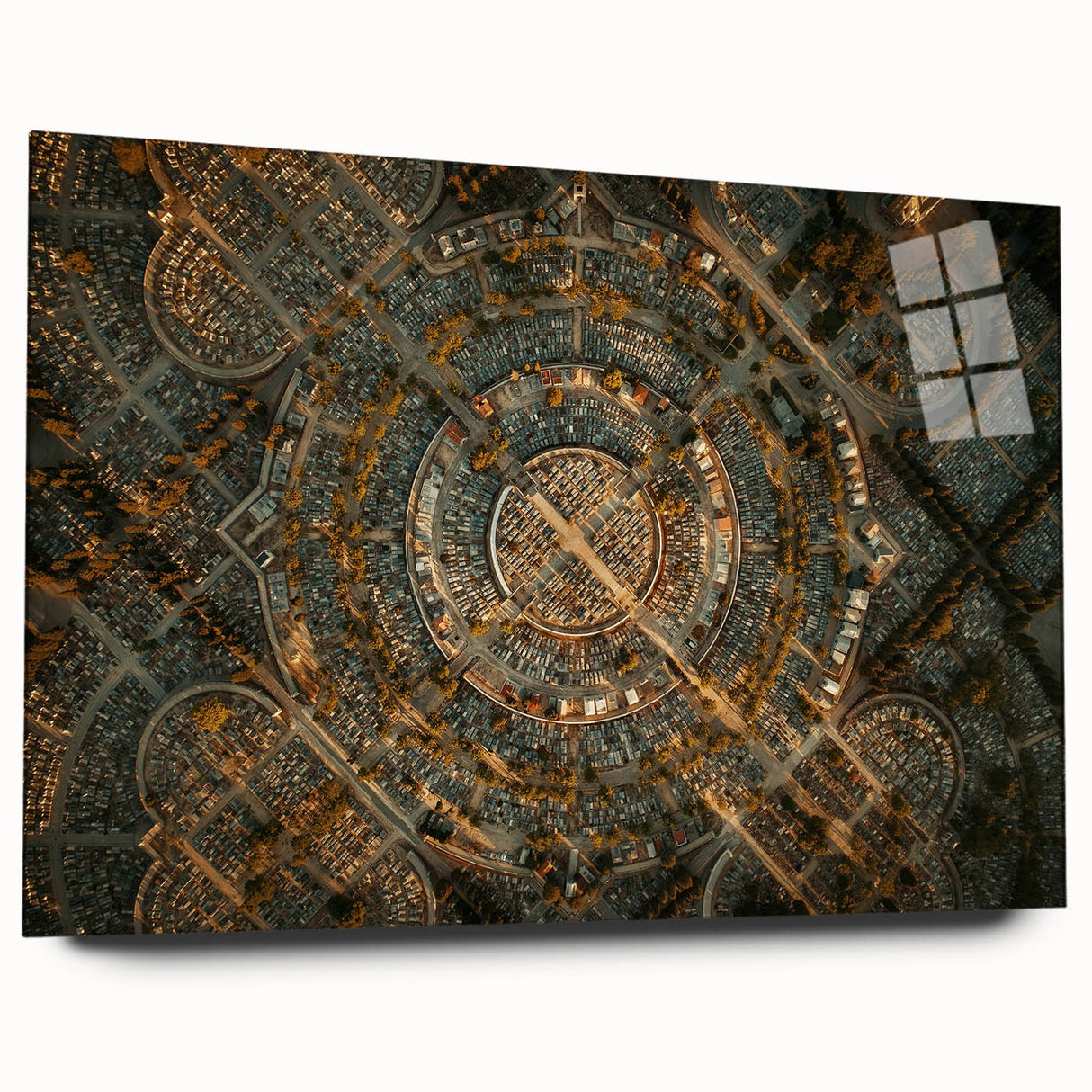Large abstract depiction of Madrid skyline in muted earth tones on acrylic glass, suitable for bedroom or dining room decor.