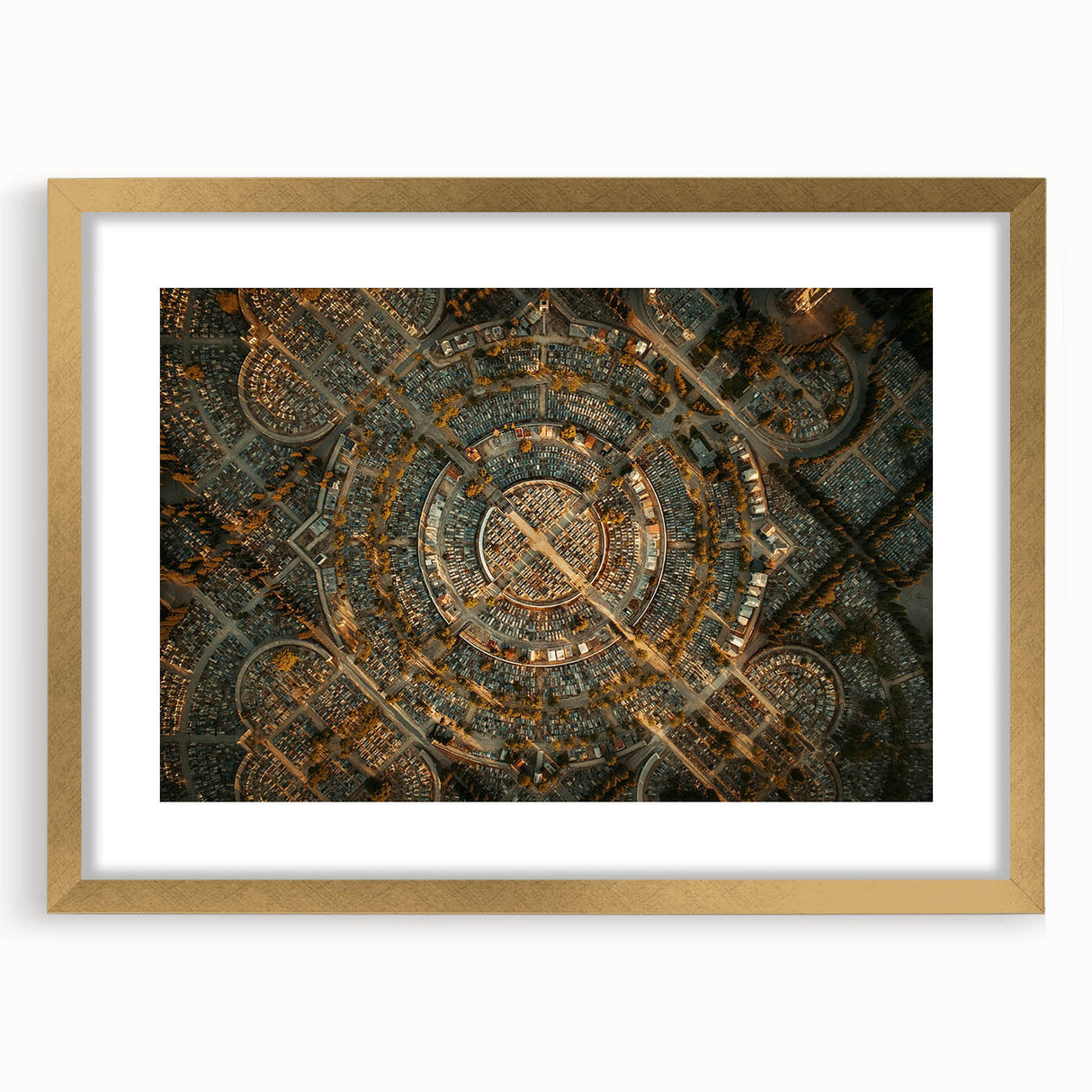Extra large abstract art print of Madrid scenery in muted earth tones on a textured canvas, framed in gold.