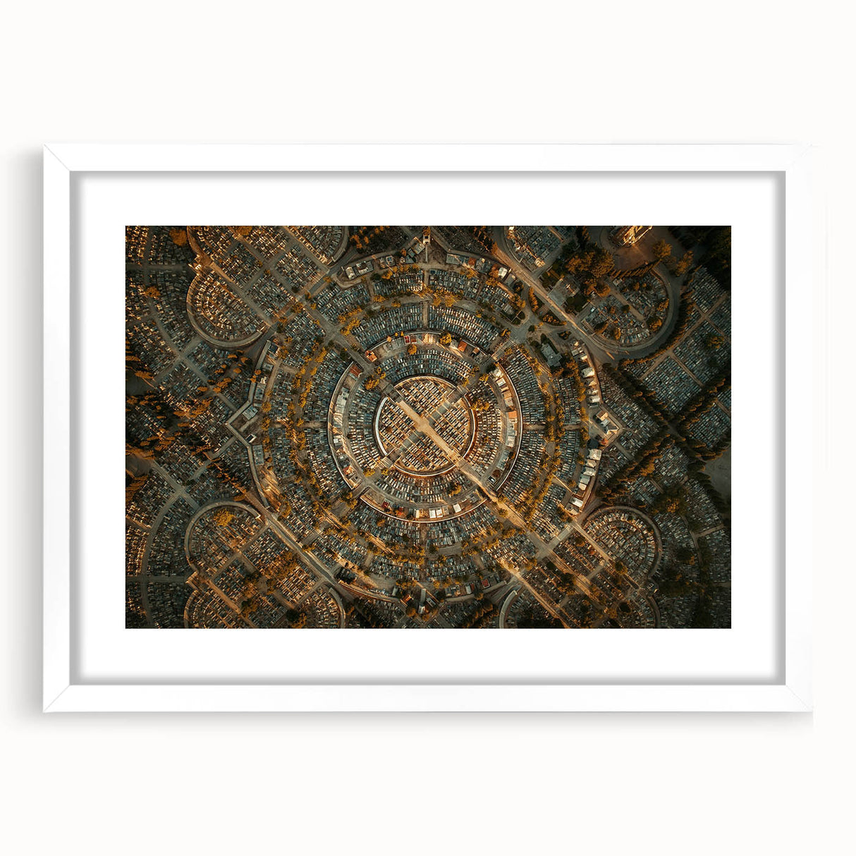 Abstract art print of Madrid skyline in muted gray and blue tones on a framed white mat, suitable for dining room decor.