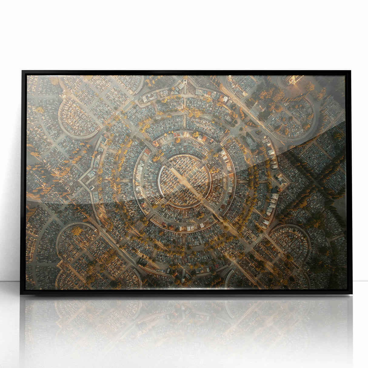 Large abstract wall art depicting a stylized Madrid cityscape in muted earth tones on a framed acrylic panel.