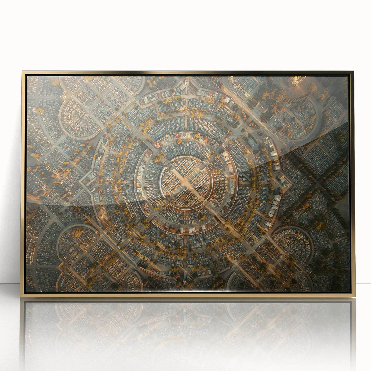 Large art print of Madrid cityscape in mid-century modernist style, framed in gold acrylic.