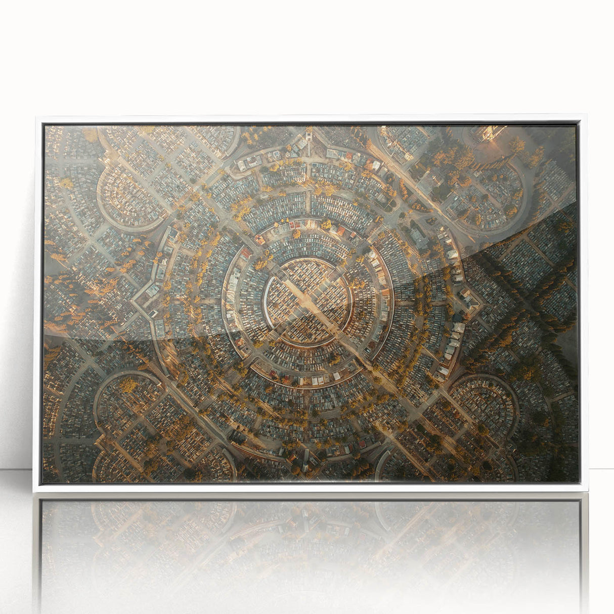 Art deco poster featuring Madrid skyline in muted gray and blue tones on framed acrylic, ideal for modern bedroom ambiance.