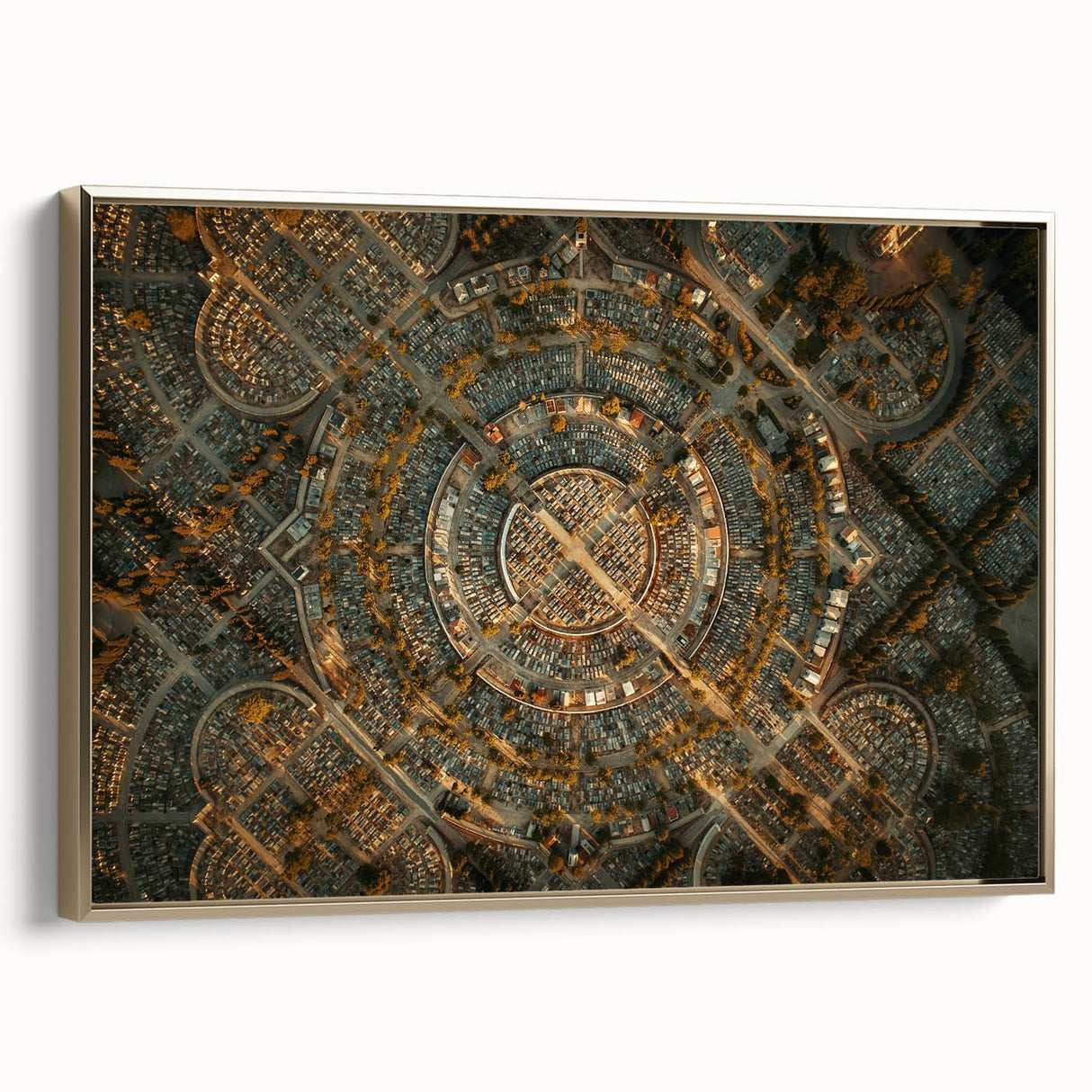 Framed canvas wall art depicting a vintage-style landscape painting of Madrid in muted gold and black tones.