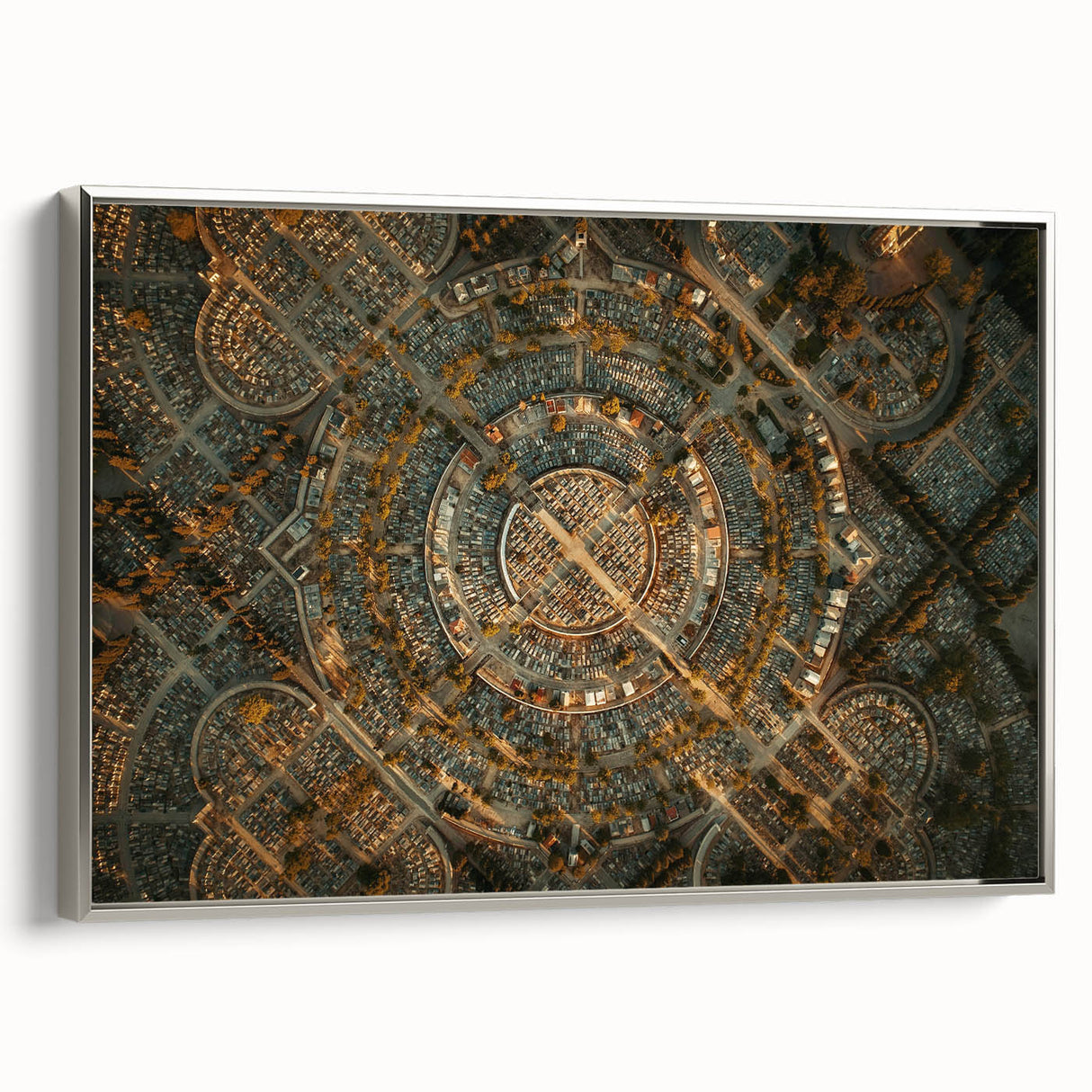 Landscape art painting of Madrid with colorful and vintage poster art style, framed in silver canvas.