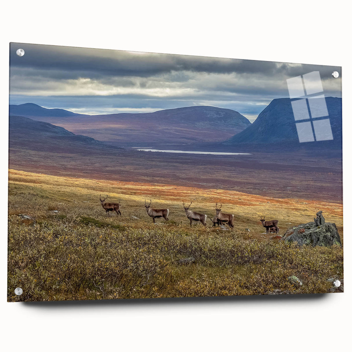 Acrylic glass print of a serene Swedish landscape in muted green and blue tones, suitable for bedroom or dining room decor.