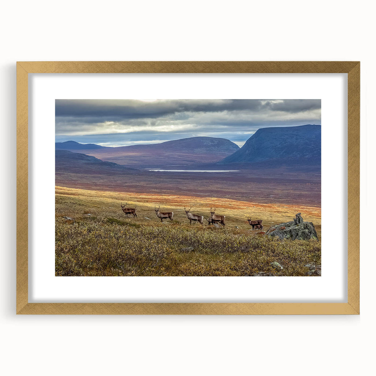 Extra large abstract art print featuring textured scenery of a European landscape in muted earth tones, framed in gold.