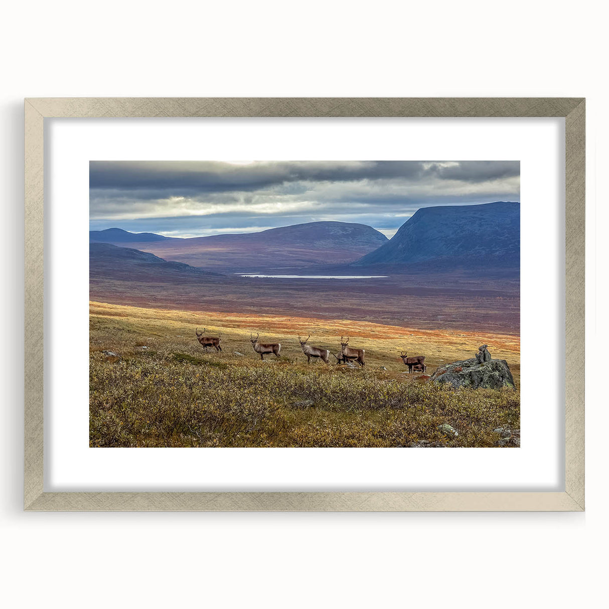 Textured abstract art print depicting a serene Swedish landscape in muted earth tones, framed in silver.