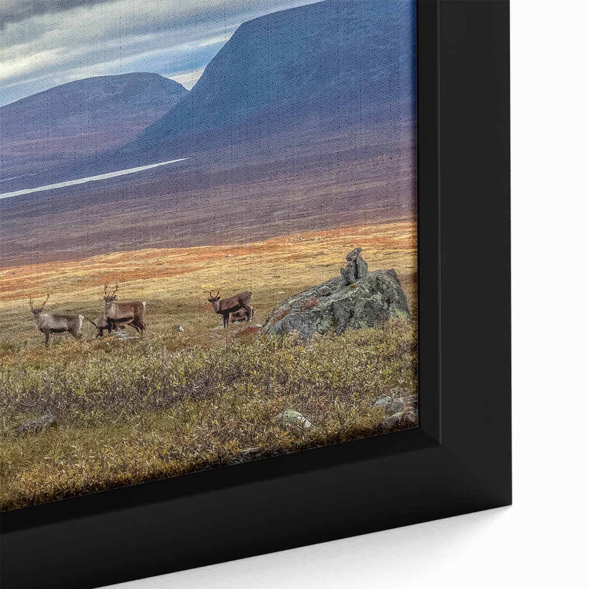Extra large framed canvas of a textured, colorful European scenery in predominantly black tones.