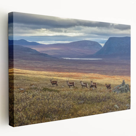 Side view of a stretched canvas featuring a serene Swedish landscape in muted green and blue tones.
