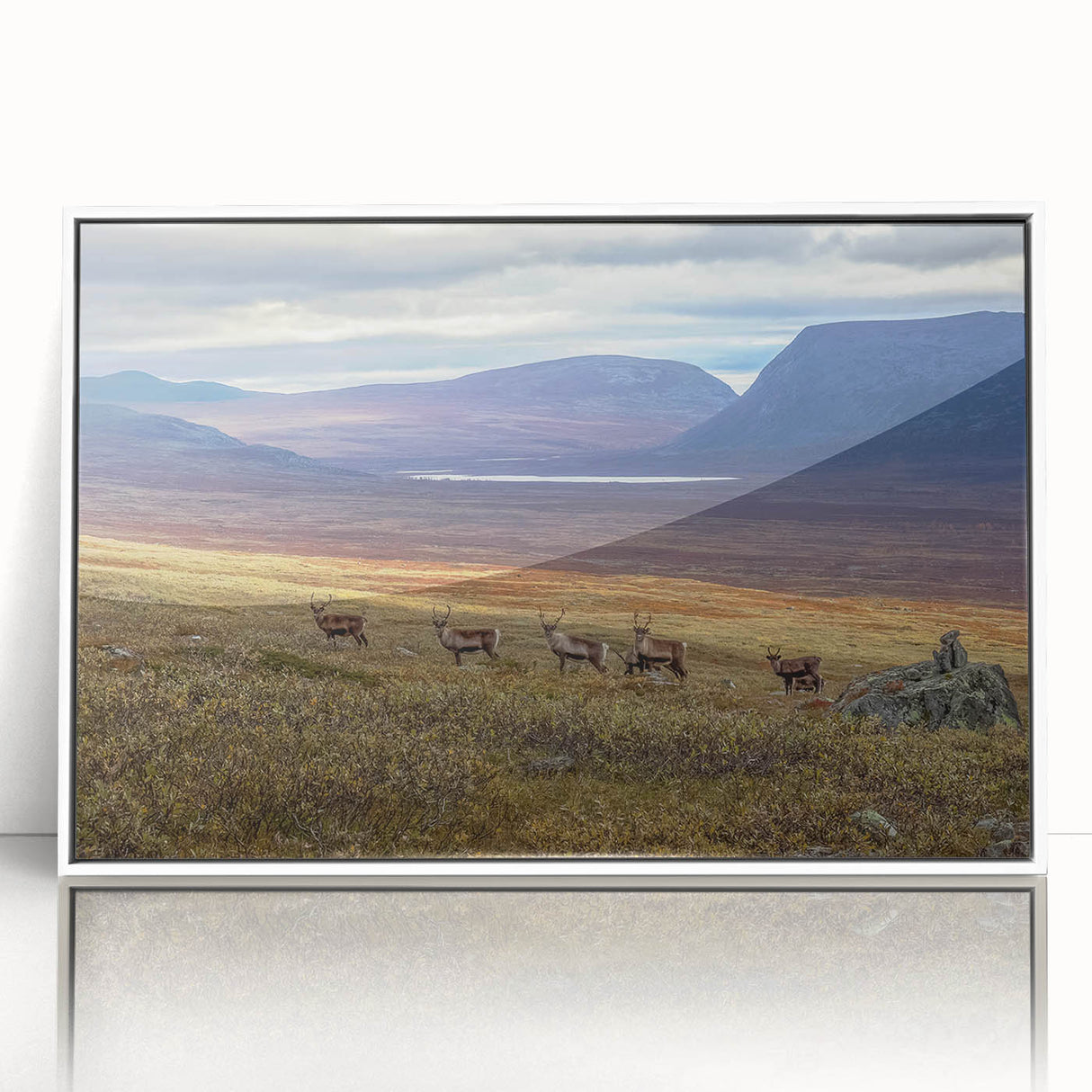 Art deco poster featuring a serene Swedish landscape in muted green and blue tones, framed acrylic.