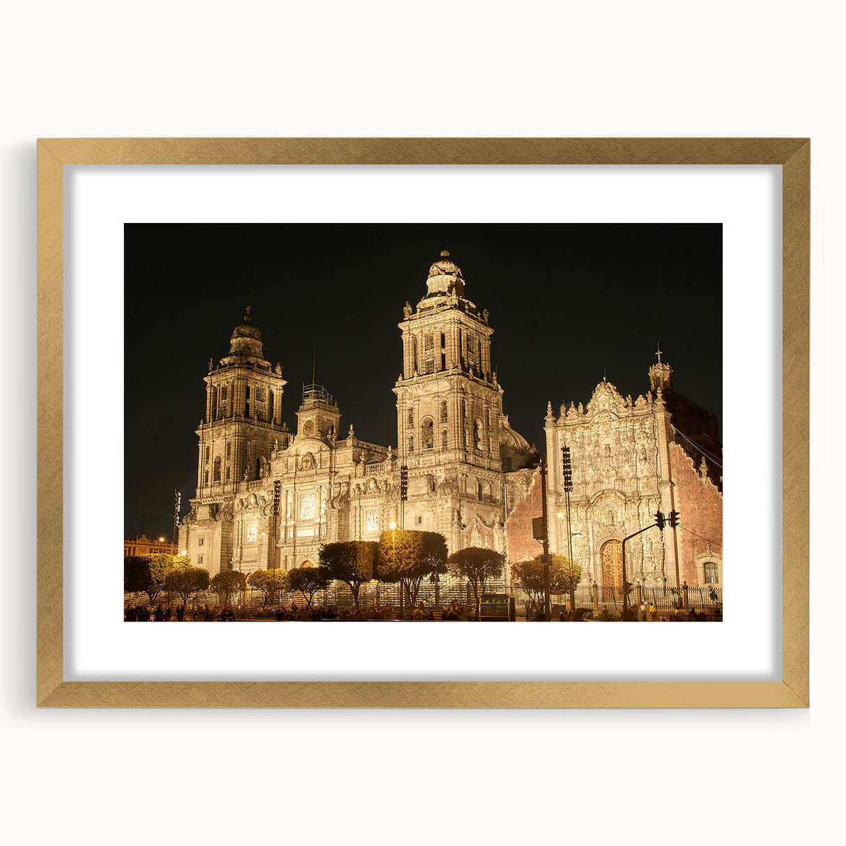 Extra large abstract art print of Mexico City, featuring textured brush strokes in vibrant colors on a gold-framed canvas.