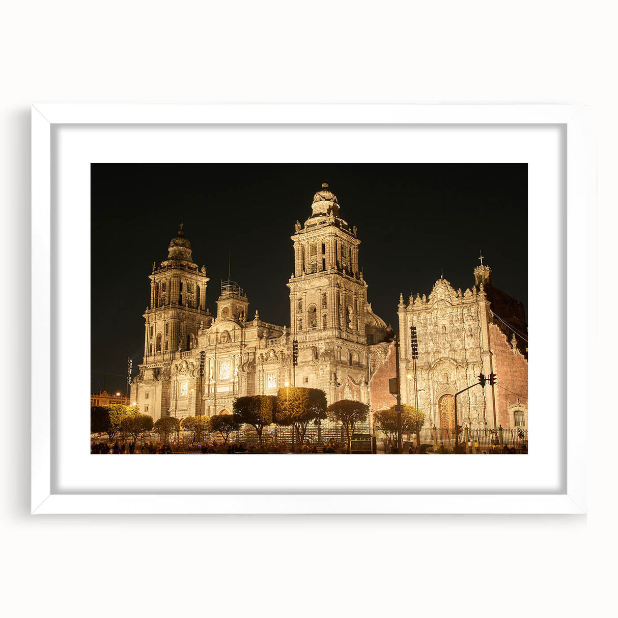 Abstract art print of Mexico City in vibrant colors on a white framed mat, suitable for dining room or bedroom decor.
