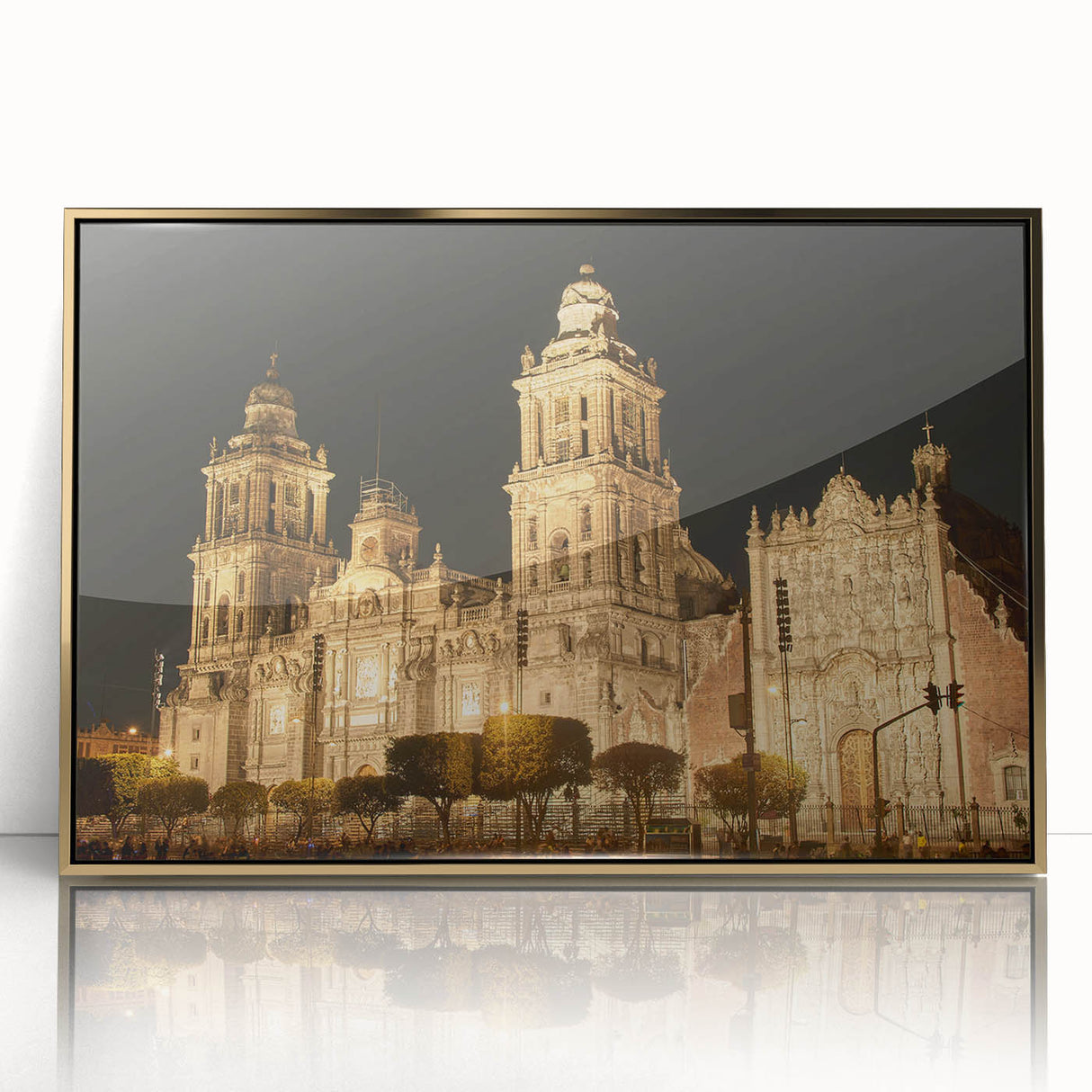 Large art print of Mexico City scenery in mid-century modernist style, featuring vibrant colors on a gold-framed acrylic.
