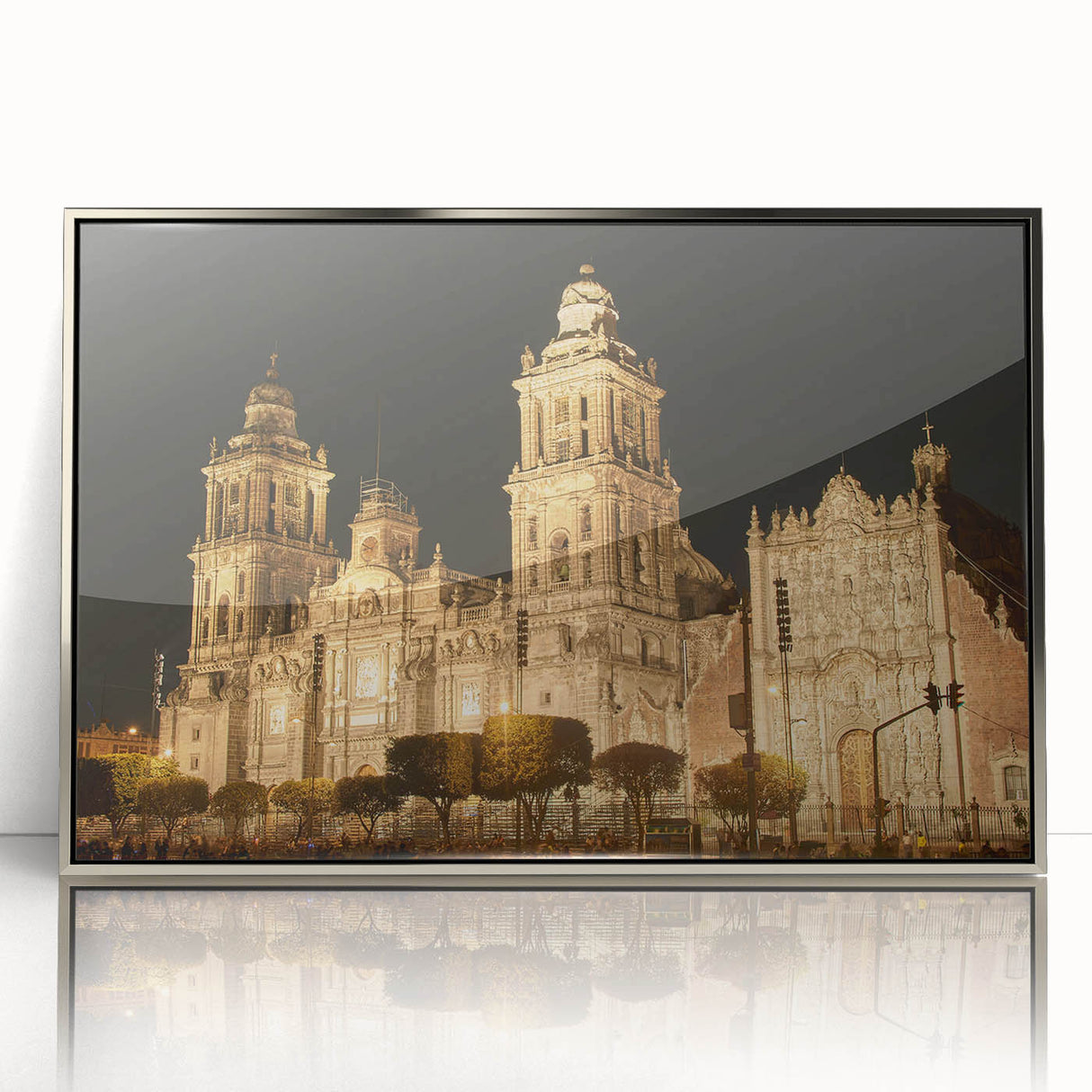 Mid-century modernist art of Mexico City skyline in silver acrylic frame, ideal for modern art wall decor.
