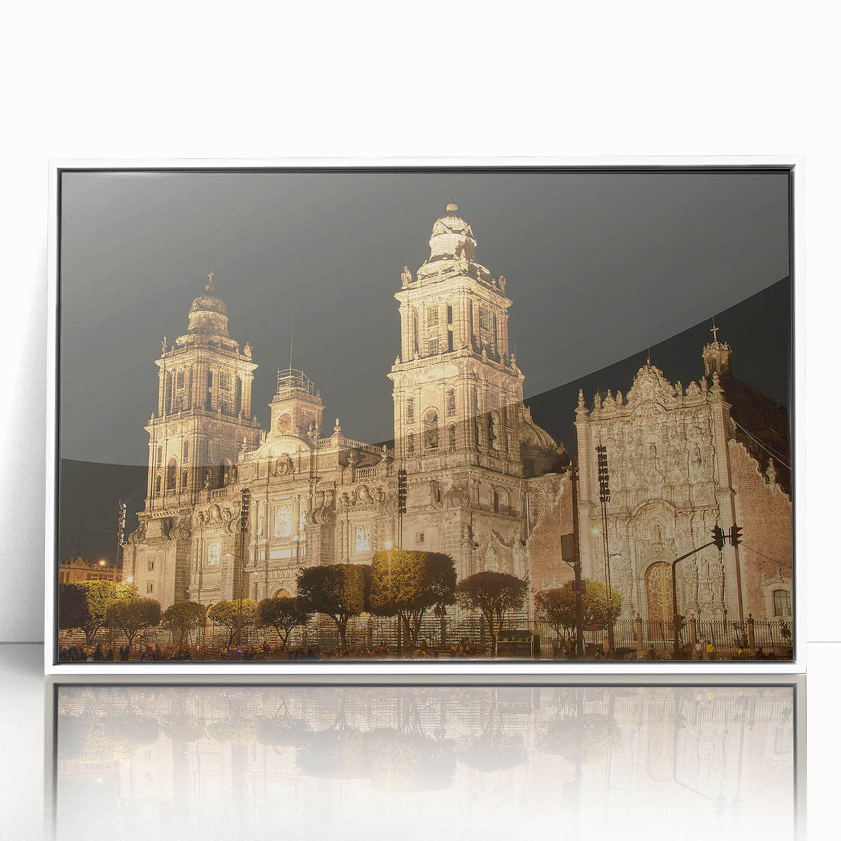 Acrylic print of Mexico City with art deco style in muted colors, framed in white, suitable for modern art wall decor.