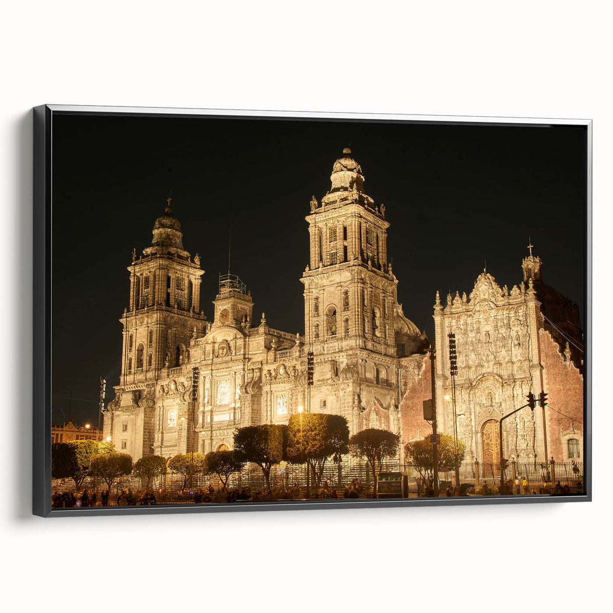 Black and white framed canvas of Mexico City landscape, vintage poster style, ideal for bedroom decor.