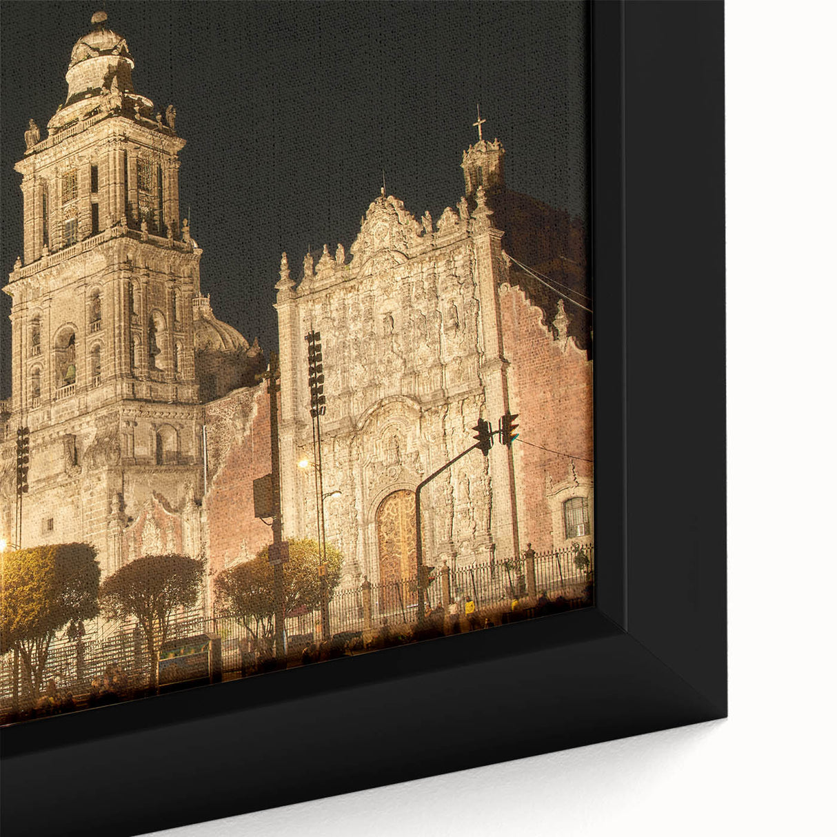Close-up of extra large, black framed canvas featuring a textured depiction of Mexico City in vibrant, colorful art.
