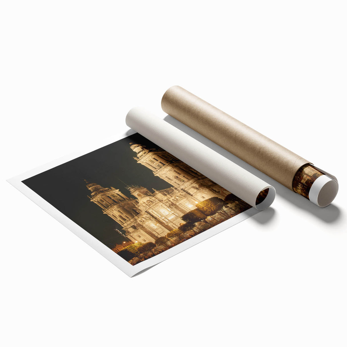 Extra large rolled print of Mexico City scenery with floral elements in muted tones, ideal for classy bathroom wall art.