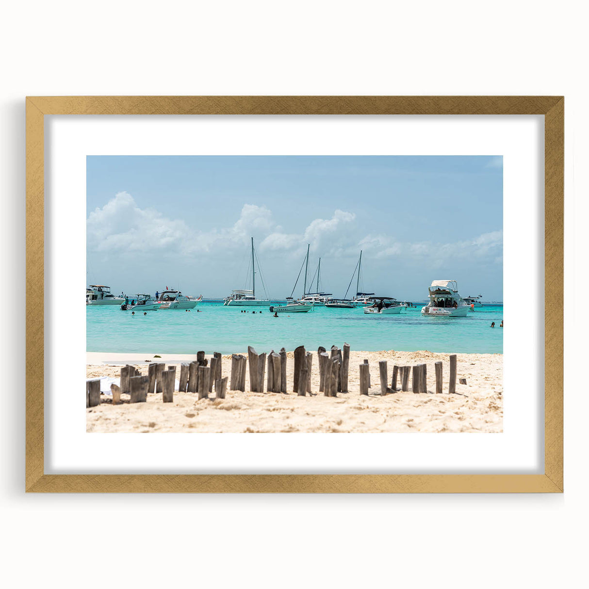 Extra large abstract art print of Quintana Roo scenery in textured style, with vibrant blues and greens, framed in gold.