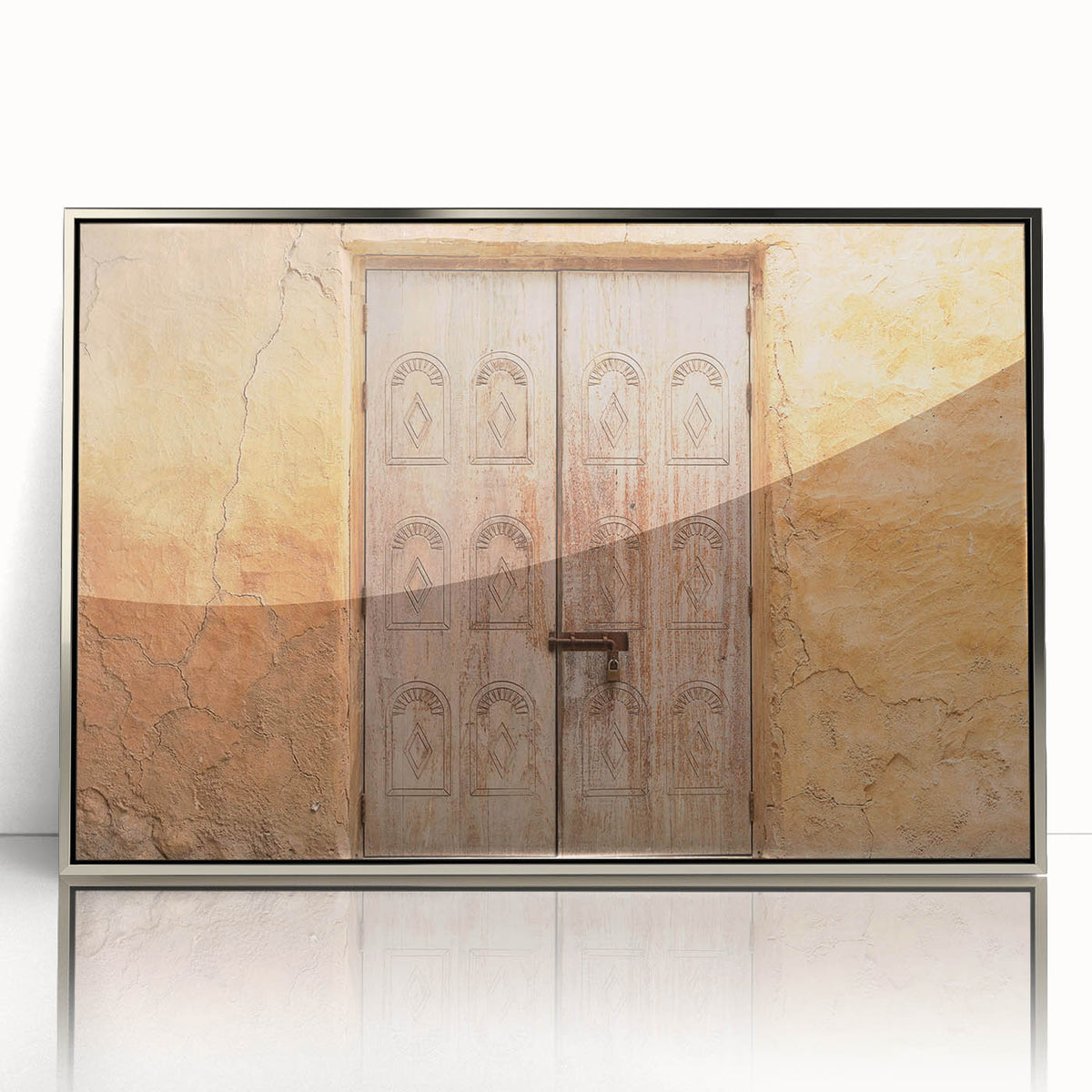 Mid-century modernist art of Dubai skyline in muted metallic tones on a framed acrylic print.