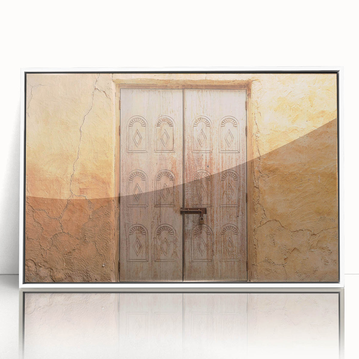 Acrylic print of Dubai skyline in muted gray tones, framed in white, suitable for modern art wall decor.