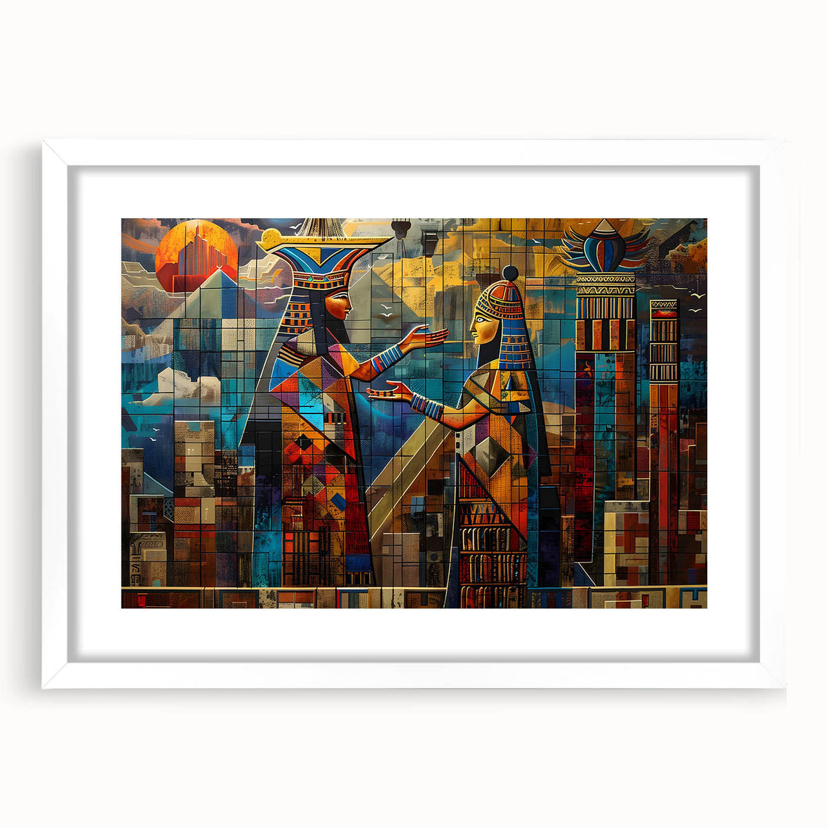 Abstract art print depicting a stylized Middle Eastern landscape in earthy tones, framed in white.