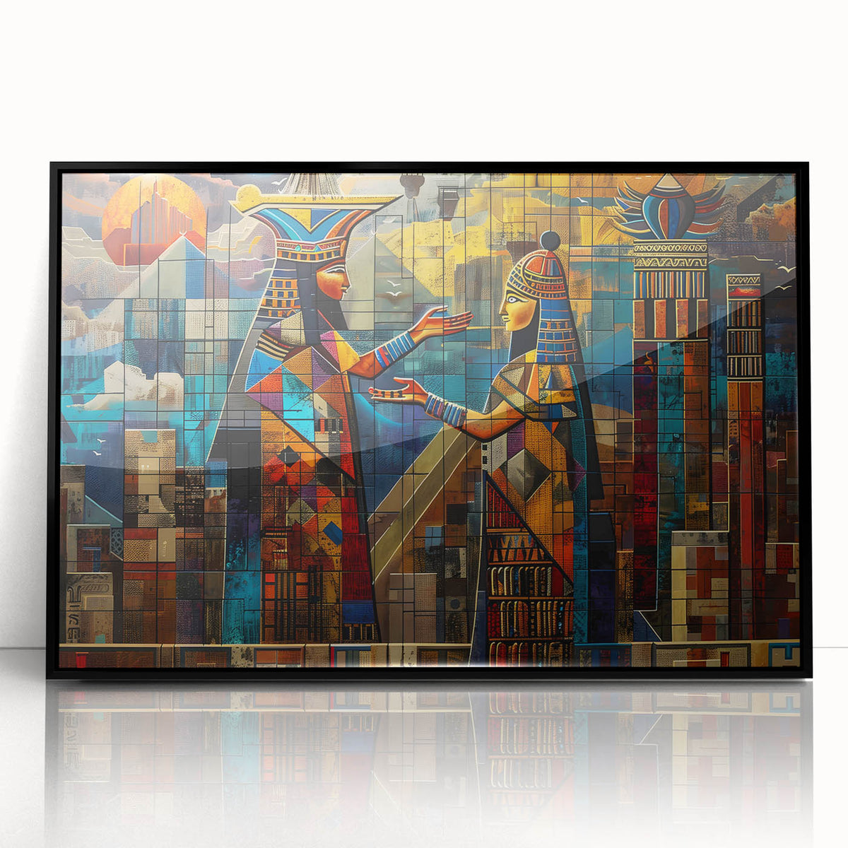 Large abstract wall art depicting a Middle Eastern scene in muted earth tones on a framed acrylic.