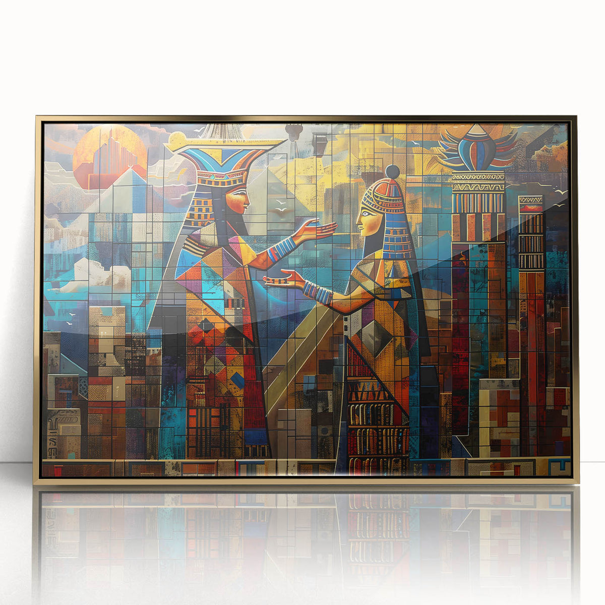Large acrylic print of a mid-century modernist Iraqi landscape in muted gold tones, ideal for modern art wall decor.