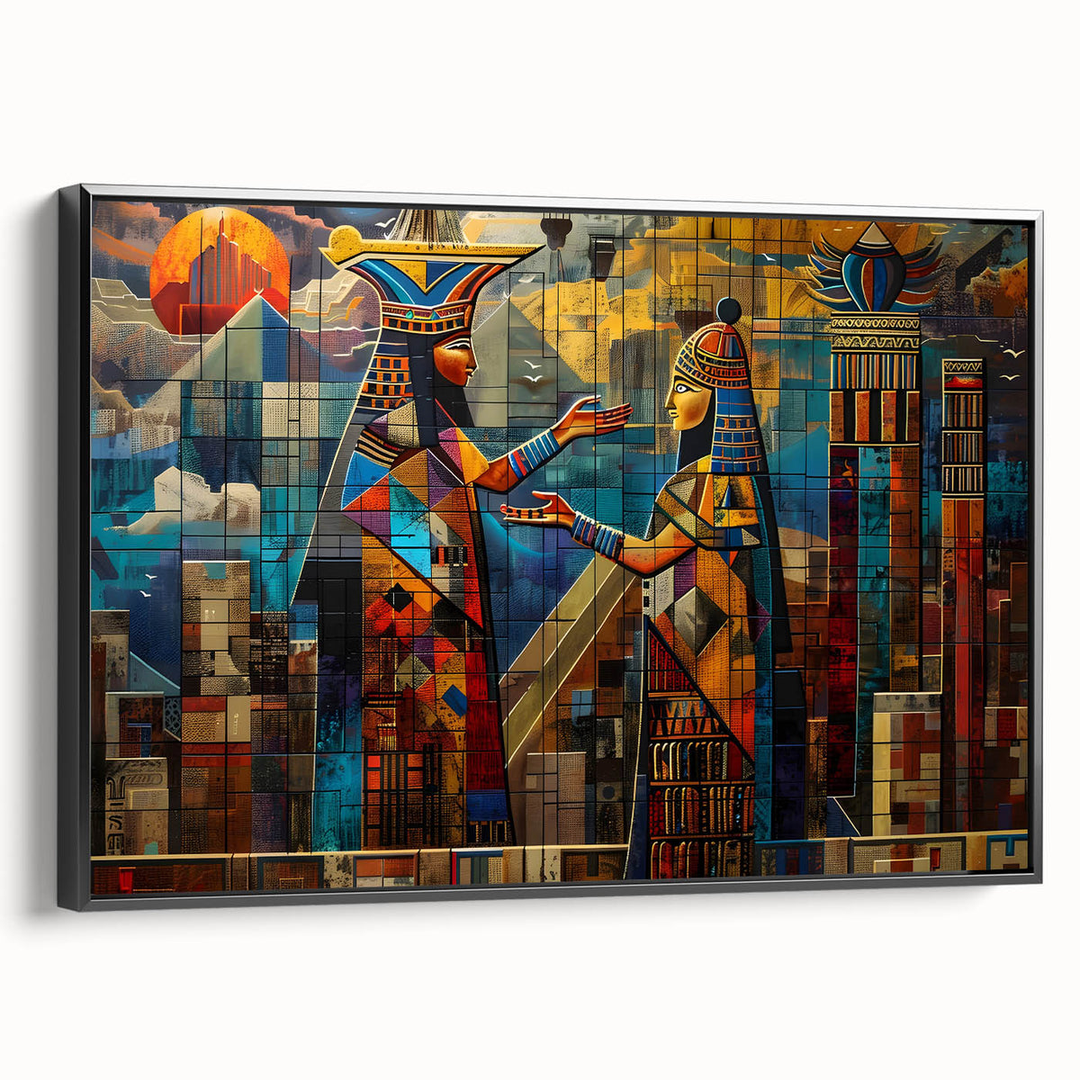 Black and white wall art featuring a vintage poster style landscape of a Middle Eastern scenery on framed canvas.