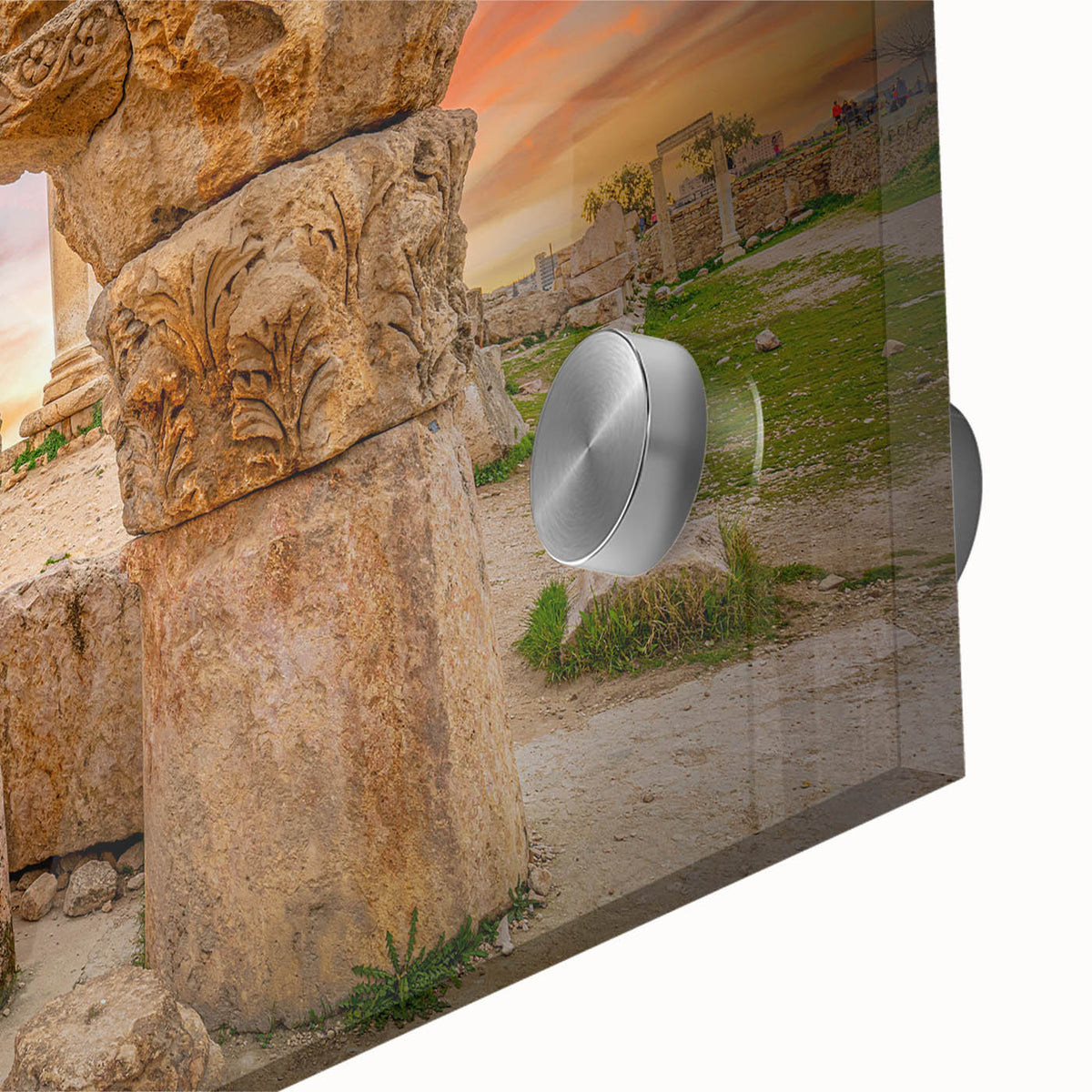 Mid-century modernist abstract depiction of a Jordanian landscape on large acrylic glass, with earthy tones.