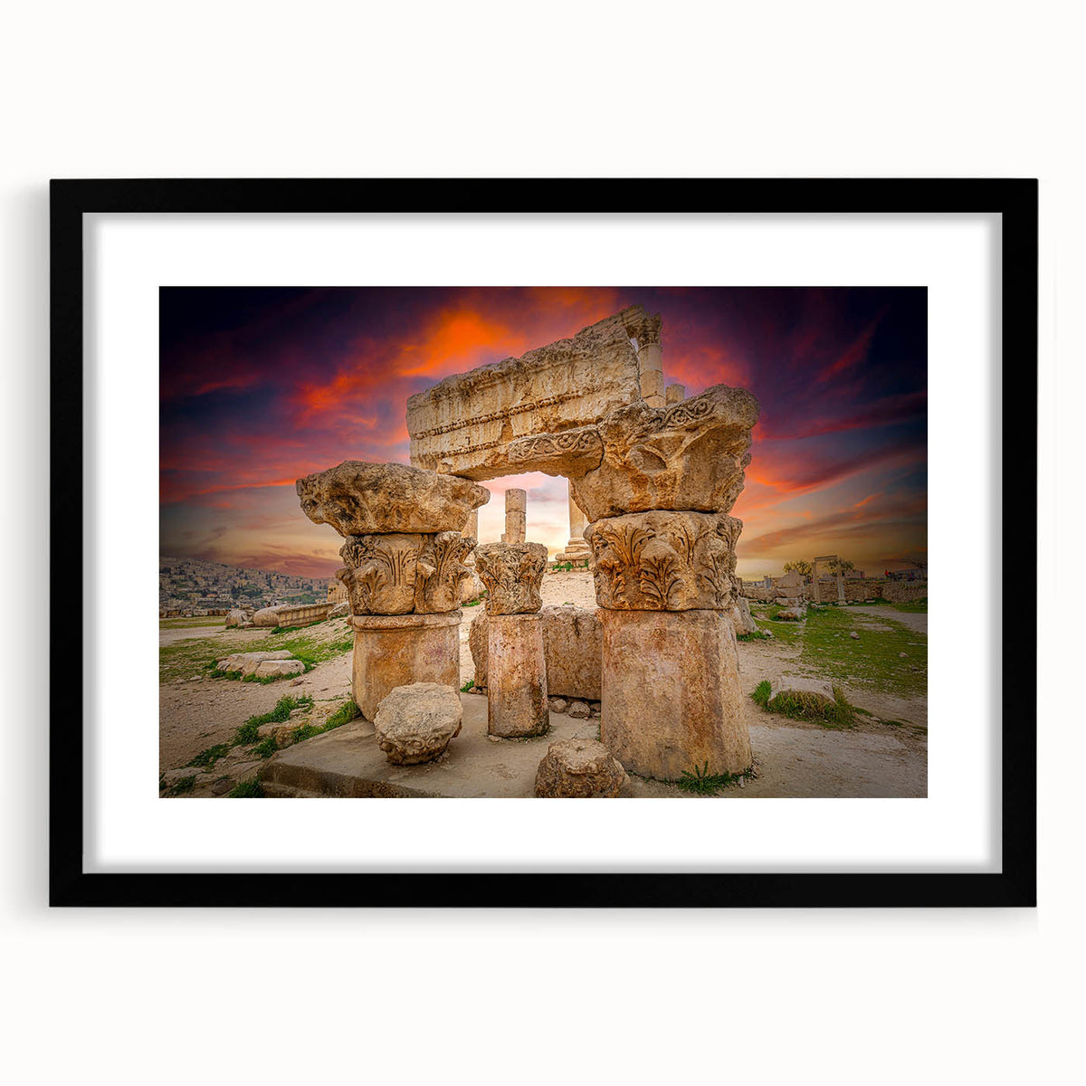 Extra large abstract art print of a Middle Eastern Jordanian landscape in vibrant colors on a textured canvas.