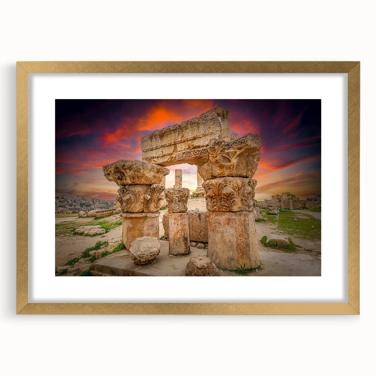 Extra large abstract art print depicting Middle Eastern scenery in earth tones, framed in gold, ideal for living room decor.