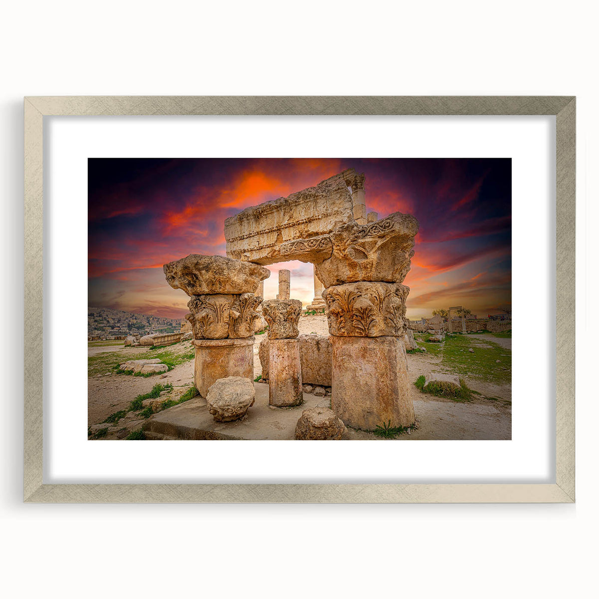 Textured abstract art print of a Jordanian landscape in muted earth tones on a framed silver mat, ideal for bedroom art.
