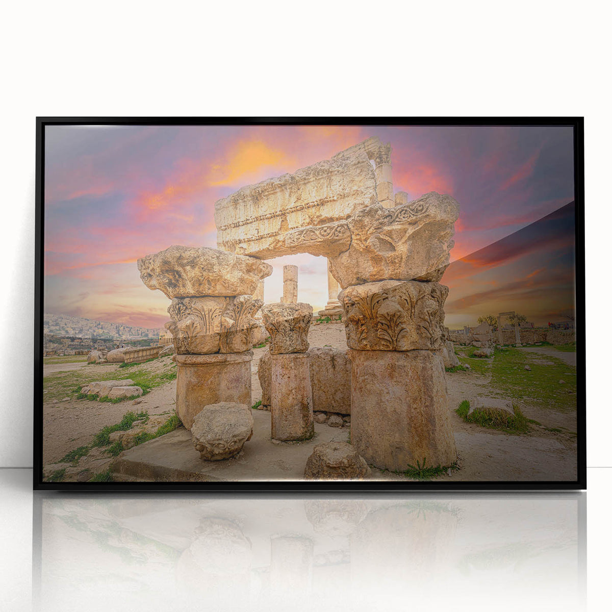 Large abstract wall art depicting a stylized Jordanian landscape in muted earth tones on a framed acrylic panel.